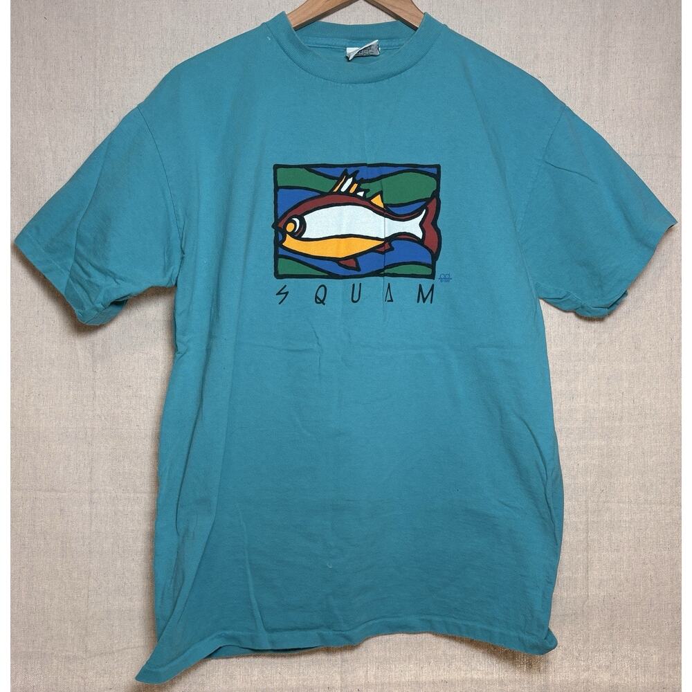 Vintage 1996 T-Shirt Squam Lake NH Gray Sz‎ Large Aqua Souvenir